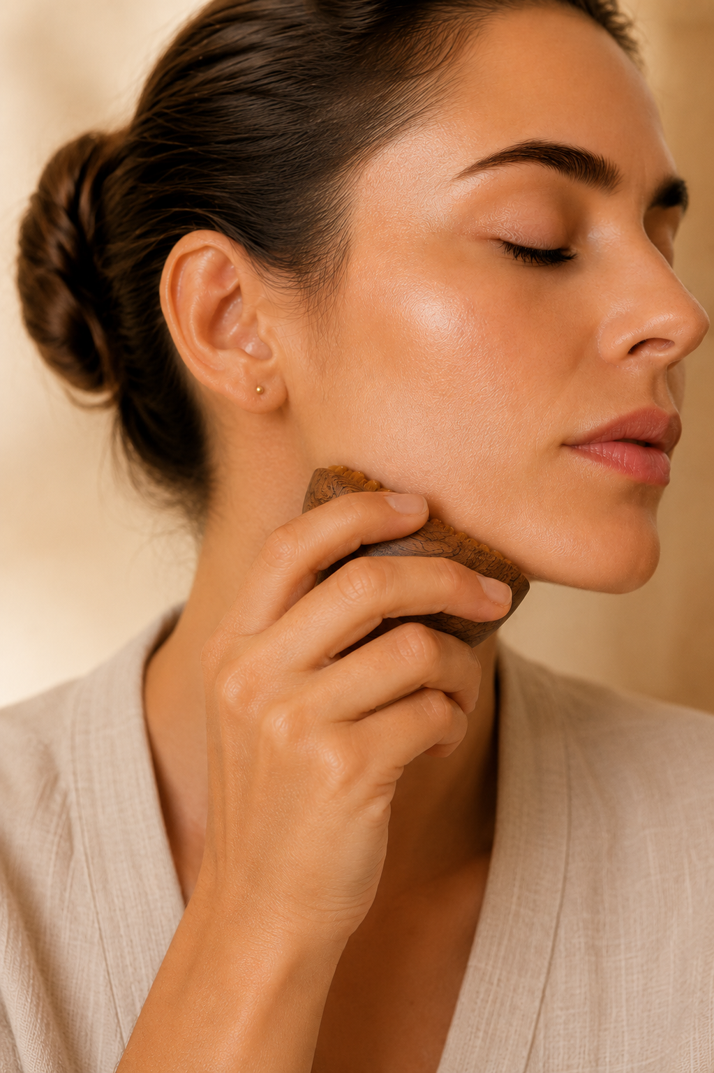 Primer plano de mujer usando GlowLift en la mandíbula